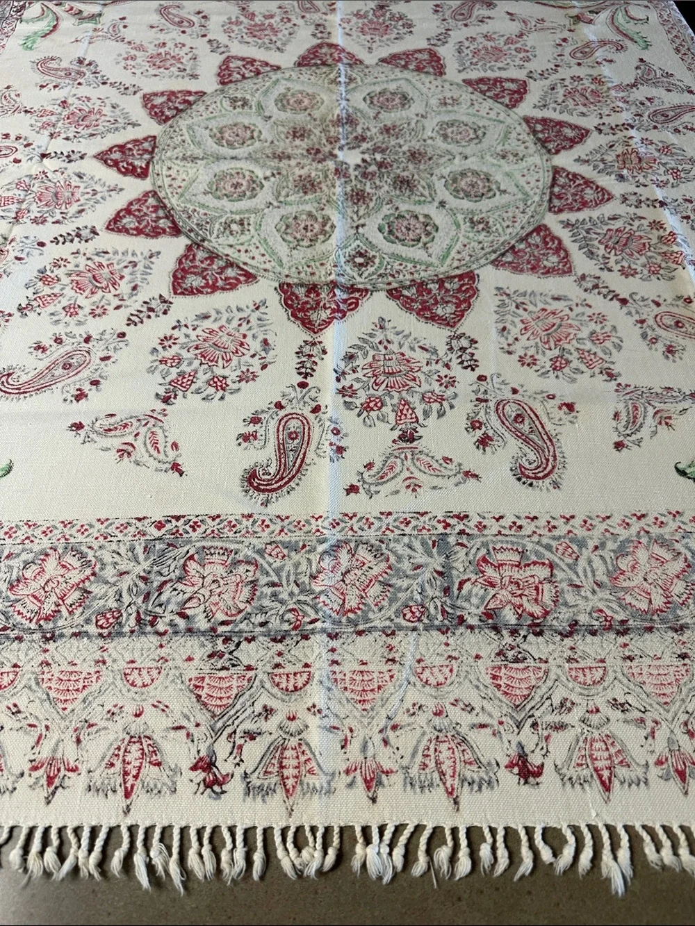 Vtg Persian Ghalamkar Kalamkari Cotton Tablecloth Signed Isfahan Paisley 45x45